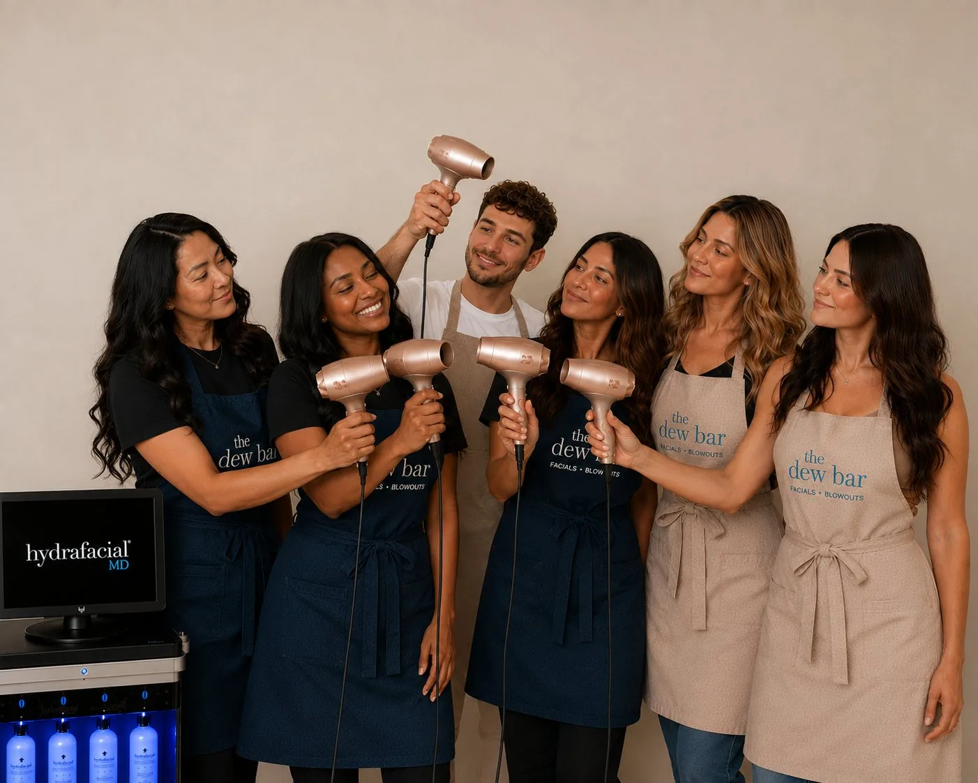The Dew Bar team of Hydrafacial facial and blowout specialists beside the Hydrafacial MD machine